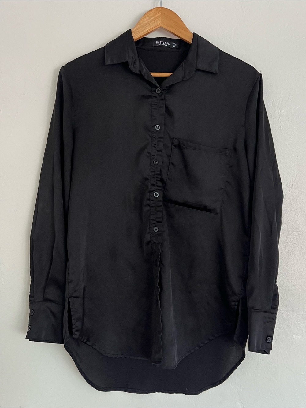 Nasty Gal Black Satin Button-Front Shirt